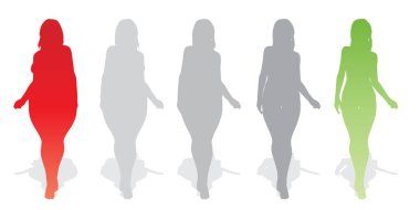Kavramsal şişman kilolu obez kadın vs fit sağlıklı vücut kilo kaybını takiben ince ya da diyet izole kas ince olan kadın. Fitness, beslenme veya şişmanlık obezite, sağlık siluet şekli