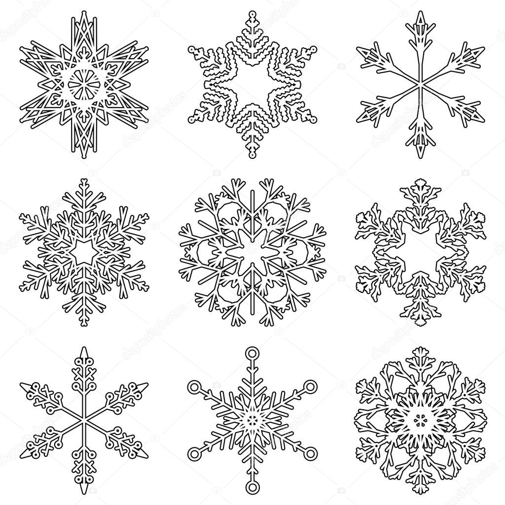 Collection of artistic icy abstract crystal snow flakes isolated on background as winter december decoration group or collection. Ice or frost beautiful star ornament silhouette or season art