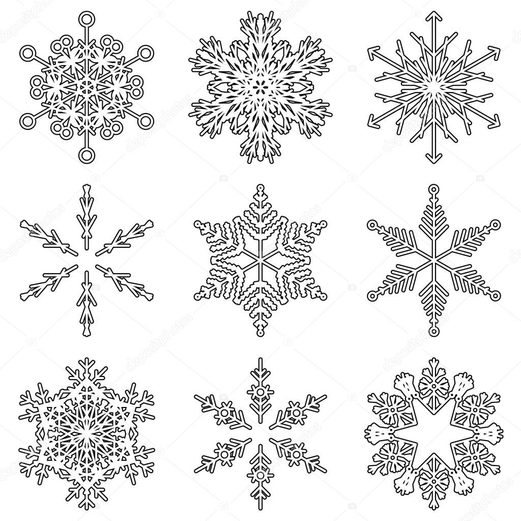 Collection of artistic icy abstract crystal snow flakes isolated on background as winter december decoration group or collection. Ice or frost beautiful star ornament silhouette or season art