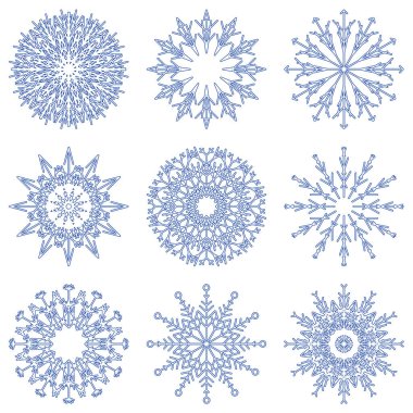 Vektör toplama artistik buz gibi soyut kristal kar kış Aralık dekorasyon grup veya koleksiyon olarak izole üzerinde arka plan pul. Buz veya Don güzel yıldız süs siluet veya sezon resmi