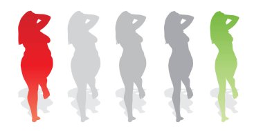 Vektör kavramsal şişman kilolu obez kadın vs fit sağlıklı vücut kilo kaybını takiben ince ya da diyet izole kas ince olan kadın. Fitness, beslenme veya şişmanlık obezite, sağlık siluet şekli