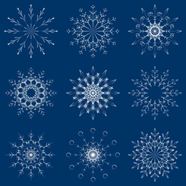Vektör toplama artistik buz gibi soyut kristal kar kış Aralık dekorasyon grup veya koleksiyon olarak izole üzerinde arka plan pul. Buz veya Don güzel yıldız süs siluet veya sezon resmi