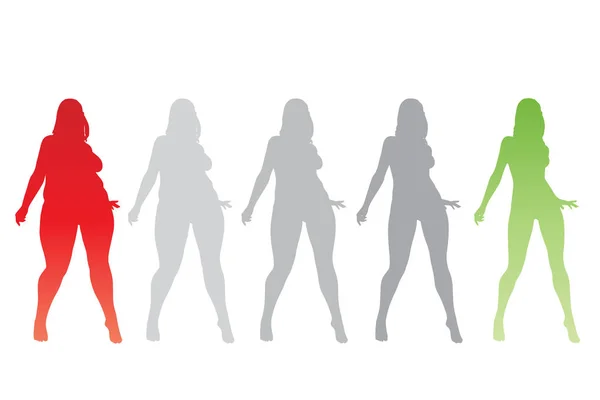 概念性脂肪超重肥胖女性 苗条健康身体后体重下降或饮食与肌肉稀薄的年轻女子隔离 营养或肥胖 健康剪影形状 — 图库照片