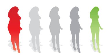 Vektör kavramsal şişman kilolu obez kadın vs fit sağlıklı vücut kilo kaybını takiben ince ya da diyet izole kas ince olan kadın. Fitness, beslenme veya şişmanlık obezite, sağlık siluet şekli