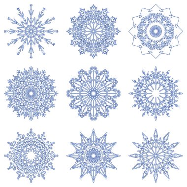 Vektör toplama artistik buz gibi soyut kristal kar kış Aralık dekorasyon grup veya koleksiyon olarak izole üzerinde arka plan pul. Buz veya Don güzel yıldız süs siluet veya sezon resmi