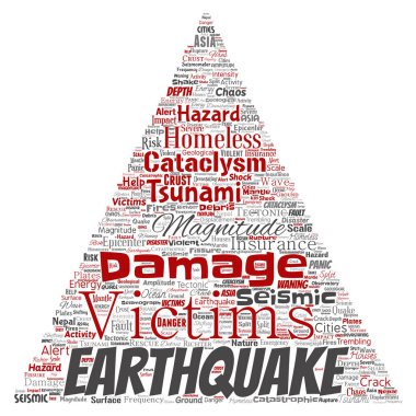 Kavramsal deprem etkinliği üçgen ok sözcük vektör izole arka plan bulut. Doğal sismik tektonik kabuk titremeye, şiddet tsunami dalgaları risk, tektonik kavramı değişen kolaj