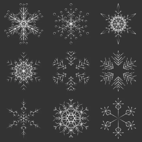 Dark Grey Set Collection Artistic Icy Abstract Crystal Snow Flakes — Stock Photo, Image