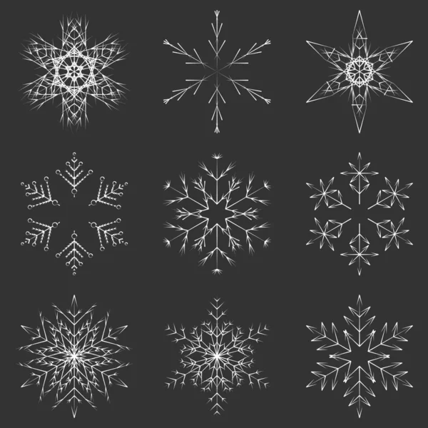 Dark Vector Set Collection Artistic Icy Abstract Crystal Snow Flakes — Stock Vector