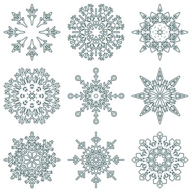 Koleksiyon artistik buz gibi soyut kristal kar kış Aralık dekorasyon grup veya koleksiyon olarak izole üzerinde arka plan pul. Buz veya Don güzel yıldız süs siluet veya sezon resmi