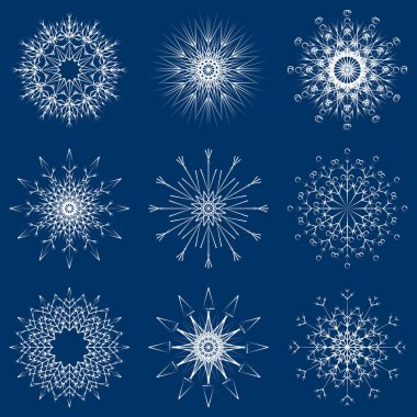 Vektör toplama artistik buz gibi soyut kristal kar kış Aralık dekorasyon grup veya koleksiyon olarak izole üzerinde arka plan pul. Buz veya Don güzel yıldız süs siluet veya sezon resmi