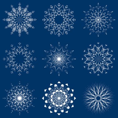 Vektör toplama artistik buz gibi soyut kristal kar kış Aralık dekorasyon grup veya koleksiyon olarak izole üzerinde arka plan pul. Buz veya Don güzel yıldız süs siluet veya sezon resmi