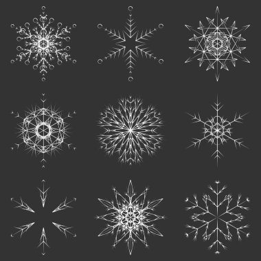 Vektör toplama artistik buz gibi soyut kristal kar kış Aralık dekorasyon grup veya koleksiyon olarak izole üzerinde arka plan pul. Buz veya Don güzel yıldız süs siluet veya sezon resmi