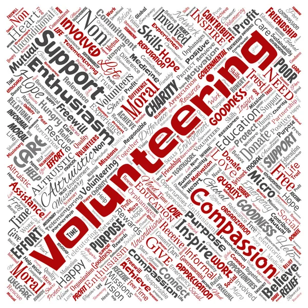 Vektör Kavramsal Gönüllü Yardım Insani Kare Kırmızı Kelime Bulutu Arka — Stok Vektör