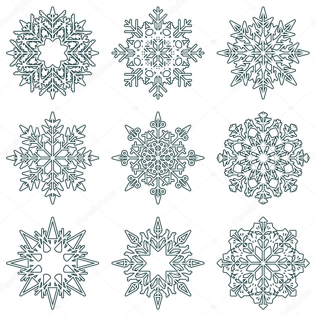 Vector collection of artistic icy abstract crystal snow flakes isolated on background as winter december decoration group or collection. Ice or frost beautiful star ornament silhouette or season art