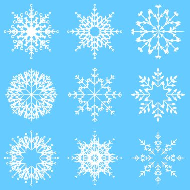 Koleksiyon artistik buz gibi soyut kristal kar kış Aralık dekorasyon grup veya koleksiyon olarak izole üzerinde arka plan pul. Buz veya Don güzel yıldız süs siluet veya sezon resmi