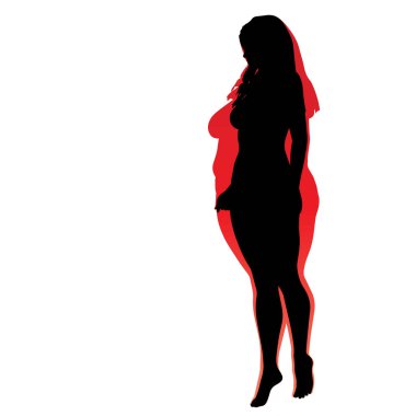 Vektör kavramsal şişman kilolu obez kadın vs fit sağlıklı vücut kilo kaybını takiben ince ya da diyet izole kas ince olan kadın. Fitness, beslenme veya şişmanlık obezite, sağlık siluet şekli