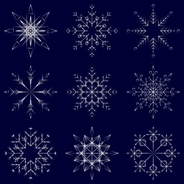 Vektör toplama artistik buz gibi soyut kristal kar kış Aralık dekorasyon grup veya koleksiyon olarak izole üzerinde arka plan pul. Buz veya Don güzel yıldız süs siluet veya sezon resmi