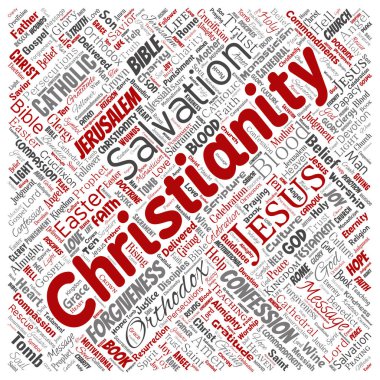 Vektör kavramsal Hıristiyanlık, İsa, İncil Ahit kare kırmızı kelime izole bulut arka plan. Öğretileri, kurtuluş diriliş, cennet, itiraf, AF, aşk kavramı kolaj