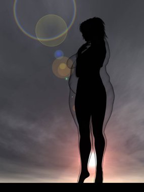 Kavramsal şişman kilolu obez kadın vs fit sağlıklı vücut kilo kaybını takiben ince ya da kas ile günbatımı üzerinde diyet. Fitness, beslenme veya şişmanlık obezite 3d çizim