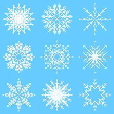 Sanatsal buzlu soyut kristal kar topluluğu üzerinde izole mavi arka plan olarak kış Aralık dekorasyon grup veya toplama pul 