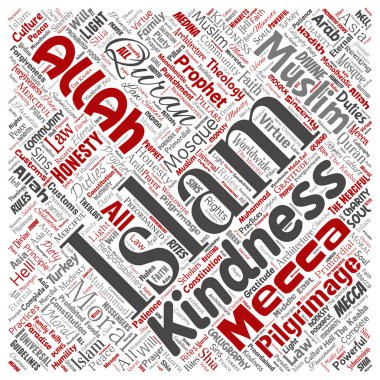 Cami kare kırmızı kelime bulut beyaz arka plan üzerinde izole kavramsal islam, Peygamber, yazı. Müslüman, ramazan, Kur'an-ı Kerim, Hac, Allah'ın, görevleri, sanat, hat, oryantal, gelenek kelime kolaj