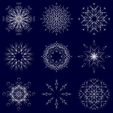 Sanatsal buzlu soyut kristal kar taneleri üzerinde mavi arka plan kış Aralık dekorasyon izole vektör toplama 