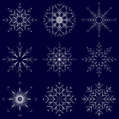 Sanatsal buzlu soyut kristal kar taneleri üzerinde mavi arka plan kış Aralık dekorasyon izole vektör toplama 