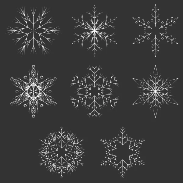 Vector Collection Artistic Icy Abstract Crystal Snowflakes Isolated Black Background — Stock Vector