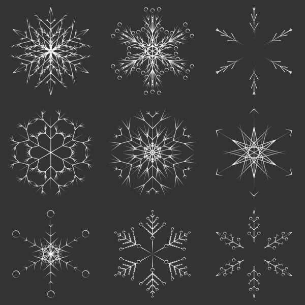 Vector Collection Artistic Icy Abstract Crystal Snowflakes Isolated Black Background — Stock Vector