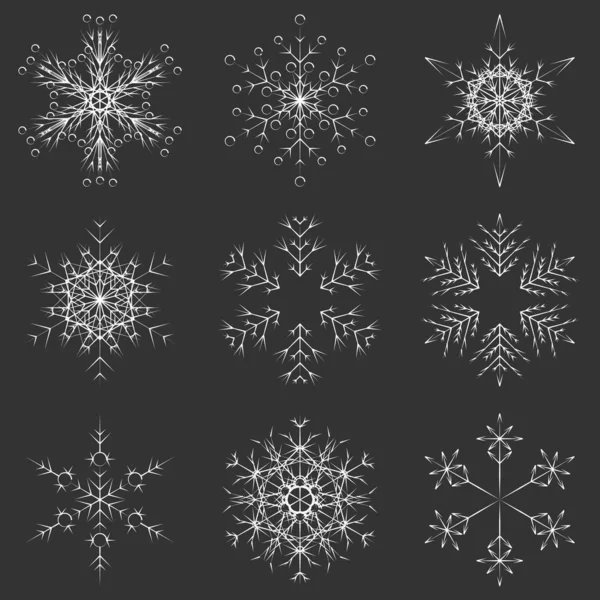 Колекція Художніх Крижаних Абстрактних Кристалічних Сніжинок Ізольовані Чорному Тлі — стоковий вектор