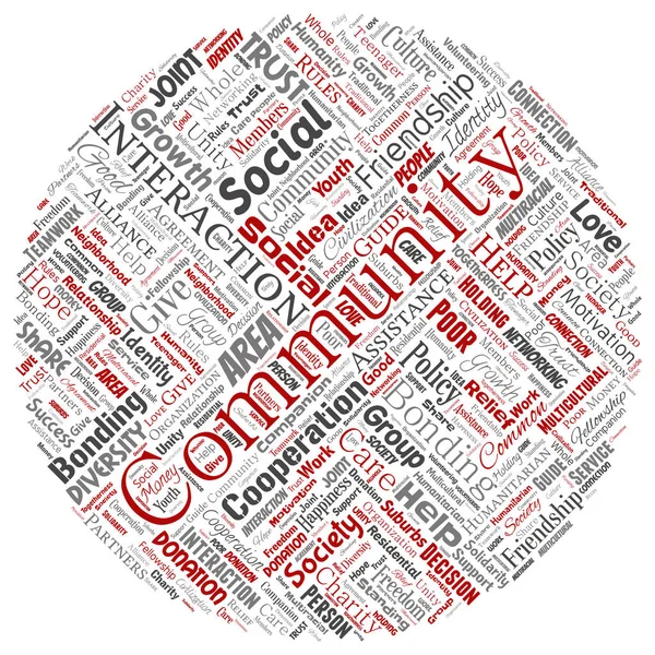 Conceptual Lettering Community Social Connection Circle Red Word Cloud Isolated — Stock Vector