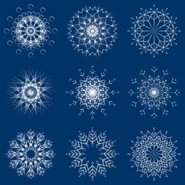 Vektör toplama artistik buz gibi soyut kristal kar kış Aralık dekorasyon olarak izole üzerinde arka plan pul. Buz veya Don güzel yıldız süs siluet