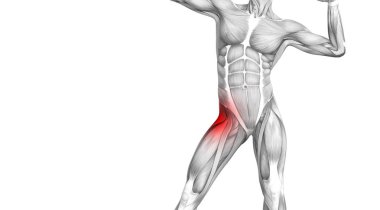 Kırmızı sıcak nokta inflamasyon eklem eklem ağrısı için bacak sağlık tedavi veya spor kas kavramı ile kavramsal hip insan anatomisi. 3D çizim adam artrit veya kemik boğaz osteoporoz hastalığı