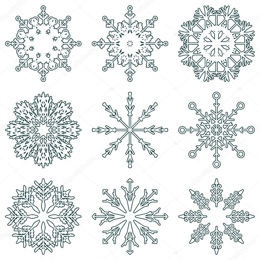 Collection of artistic icy abstract crystal snow flakes isolated on background as winter december decoration. Ice or frost beautiful star ornament