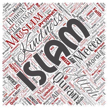 Vektör kavramsal islam, Peygamber, cami kare kırmızı kelime izole bulut arka plan. Müslüman, ramadam, Kur'an-ı Kerim, Hac, Allah'ın, görevleri, sanat, hat, oryantal, gelenek kavramı kolaj