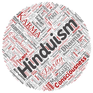 Vektör kavramsal Hinduizm, shiva, rama, yoga yuvarlak daire kırmızı kelime izole arka plan bulut. Mandalalar, samsara, kutlama, gelenek, barış, merhamet, yeniden doğuş, karma, dharma kavramı kolaj