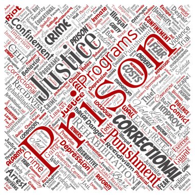 Vektör kavramsal hapishane, adalet, suç kare kırmızı kelime izole bulut arka plan. Ceza, hukuk, haklar, sosyal, yetki, sistem, sivil, deneme, rehabilitasyon, Özgürlük kavramı kolaj