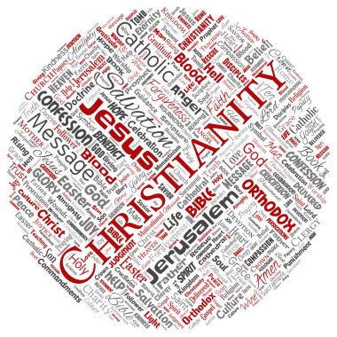 Vektör kavramsal Hıristiyanlık, İsa, İncil Ahit yuvarlak daire kırmızı kelime izole bulut arka plan. Öğretileri, kurtuluş diriliş, cennet, itiraf, AF, aşk kavramı kolaj