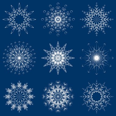 Koleksiyon artistik buz gibi soyut kristal kar kış Aralık dekorasyon olarak izole üzerinde arka plan pul. Buz veya Don güzel yıldız süsleme