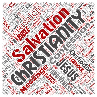 Vektör kavramsal Hıristiyanlık, İsa, İncil Ahit kare kırmızı kelime izole bulut arka plan. Öğretileri, kurtuluş diriliş, cennet, itiraf, AF, aşk kavramı kolaj