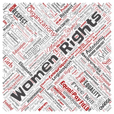 Vektör kavramsal kadın hakları, eşitlik, serbest kare kırmızı kelime izole bulut arka plan
