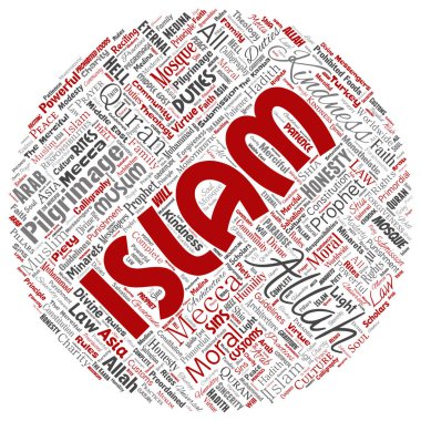 Vektör kavramsal islam, Peygamber, cami yuvarlak daire kırmızı kelime izole bulut arka plan. Müslüman, ramadam, Kur'an-ı Kerim, Hac, Allah'ın, görevleri, sanat, hat, oryantal, gelenek kavramı kolaj