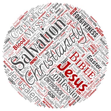 Vektör kavramsal Hıristiyanlık, İsa, İncil Ahit yuvarlak daire kırmızı kelime izole bulut arka plan. Öğretileri, kurtuluş diriliş, cennet, itiraf, AF, aşk kavramı kolaj