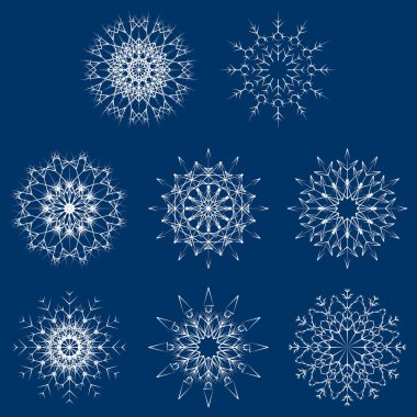 Vektör toplama artistik buz gibi soyut kristal kar kış Aralık dekorasyon olarak izole üzerinde arka plan pul. Buz veya Don güzel yıldız süs siluet