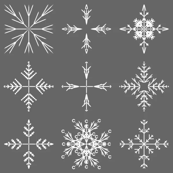 芸術的な氷のような抽象的な結晶雪のベクトル コレクションは冬の 月の装飾としての孤立した背景をフレークします — ストックベクタ