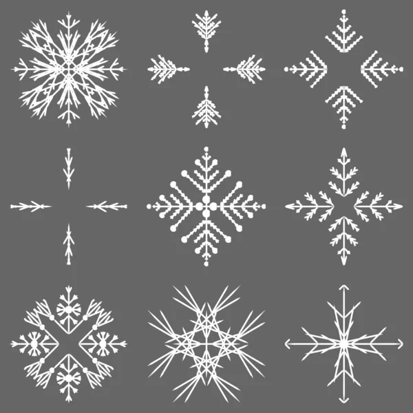 芸術的な氷のような抽象的な結晶雪のコレクションは 月の装飾としての孤立した背景をフレークします 氷や霜の美しい飾りをつ星 — ストックベクタ
