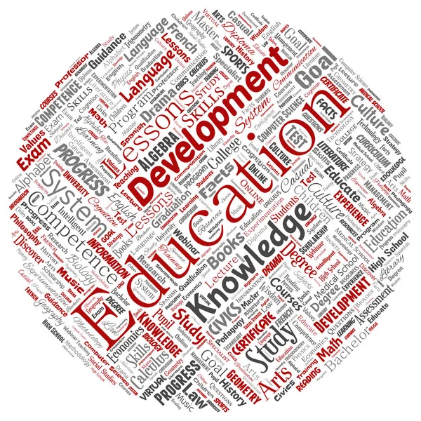 Educación Conceptual Vectorial Conocimiento Información Círculo Redondo Nube Palabra Roja — Vector de stock