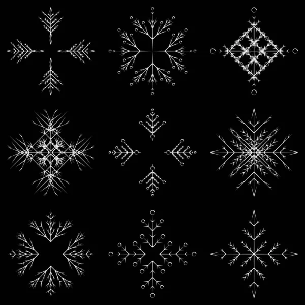芸術的な氷のような抽象的な結晶雪のコレクションは 月の装飾としての孤立した背景をフレークします 氷や霜の美しい飾りをつ星 — ストックベクタ