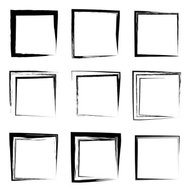 Koleksiyon veya sanatsal siyah boya el kümesi yaratıcı grungy fırça konturu kare kare veya beyaz arka plan üzerinde izole sınırları yaptı. Bir grunge eğitim kroki soyut yaratıcı mürekkep tasarım