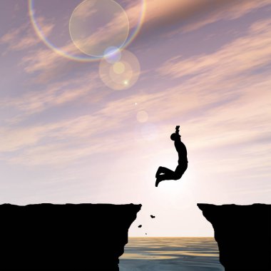 Kavram ya da kavramsal 3d resimde genç adam ya da işadamı siluet atlamak mutlu uçurumun üzerinden su gap gündoğumu veya günbatımı gökyüzü arka plan